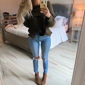 Off the shoulder hunter green ruffle sweater